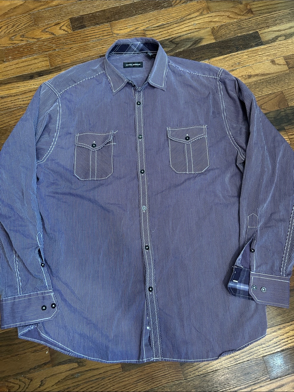 Michael Brandon Purple & White Pinstripe Casual Button-Down Shirt - Picture 1 of 11
